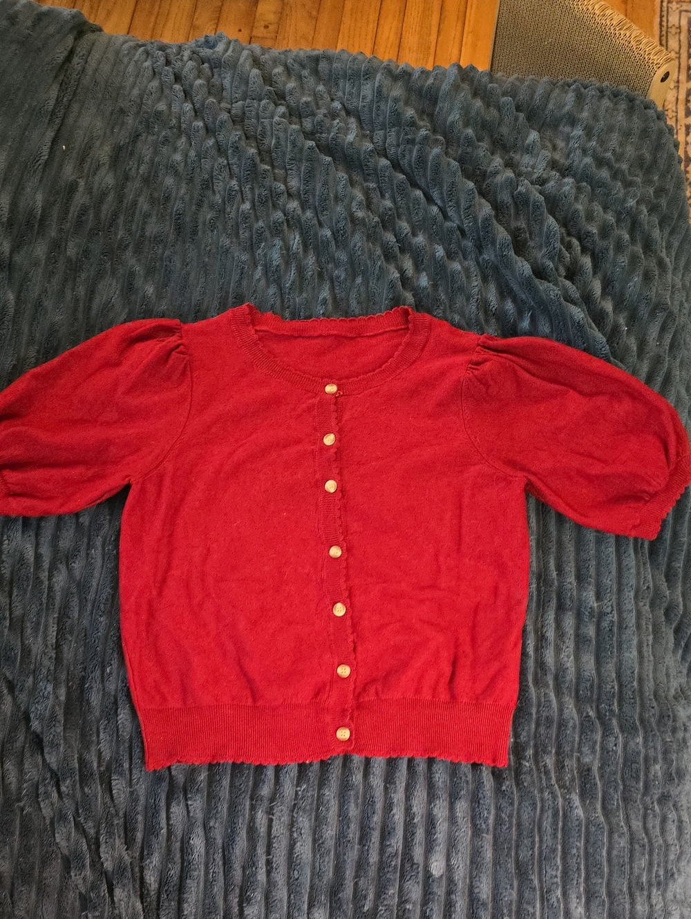 Red Puff Short Sleeve Button-Up Cardigan